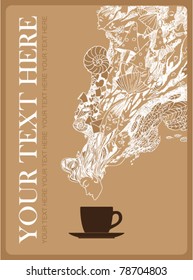 Fantasy  vector illustration of coffee-cup and female head. Place for your text.