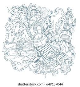 Fantasy vector illustration with a diver and sea creations