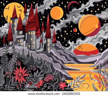Fantasy vector illustration with fairy dream magic castle. Fairytale house with gothic towers and beautiful flowers on mountain against ethereal clouds, lake, moon and planets. Concept art.
