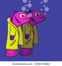 Fantasy vector illustration. Two fish in a long coat. Fantasy, fish, science fiction. Two fish side by side. Air bubbles. A fish standing like a man. Character, drawing, colorful, fins, Fantastic