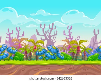 Fantasy vector landscape, alien planet nature background, separated layers for game design