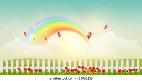 Fantasy Vector Landscape Background, Sunset and hot air ballons on cloudy sky and rainbow.
