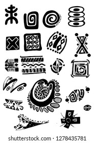 Fantasy vector set of ethnic symbols. Ethnic ornaments and signs. Set of ancient ethnic elements. Counted in ink. Old ornaments in graphics. The culture of the ancients. Ancient Maya and Aztec.