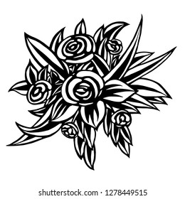 Fantasy vector silhouette of flowers and leaves. Black ink graphics. Stylized roses and leaves. Linear bouquet of flowers and leaves. Stylized bouquet.