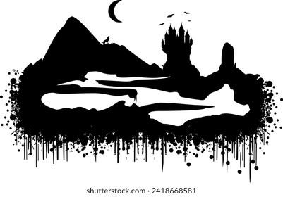 Fantasy Vector Silhouette - Mountains with wolf, castle and underworld - Secret passages in the mountain - mythology and abstract floating illustration