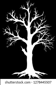 Fantasy vector tree silhouette. Tree with branches. Big silhouette. Empty tree. Beautiful graphic tree on a black background.