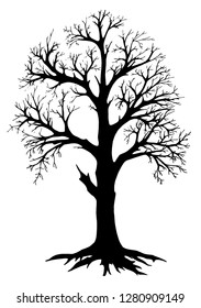 Fantasy vector tree silhouette. Tree with branches. Sketch ink. A tree without leaves. Beautifully big tree. The element of the forest. Black silhouette.