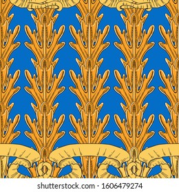 Fantasy vertical leaves of the plant and developing ribbons in the Baroque style. Separate yellow and orange elements on a blue background.