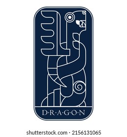 Fantasy Viking snake creature. Winged line art dragon with a breastplate. Northern war monster. Manuscript Medieval dark blue card