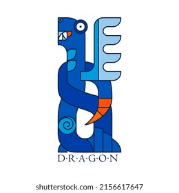 Fantasy Viking snake creature. Winged blue dragon with a breastplate. Northern war monster. Blue-orange flat colors