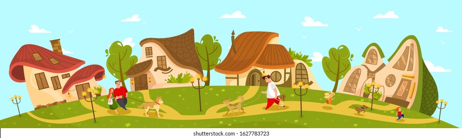 Fantasy village cottage, idyllic countryside lifestyle, vector illustration. Cozy houses in cute village, people walking dogs, happy children playing outside. Summer countryside environment scene