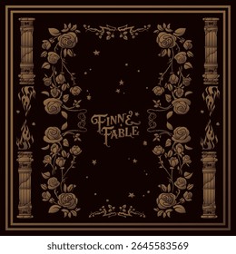 Fantasy Vintage Book Cover com rosas douradas, colunas, estrelas e chamas. Elegante Design de Quadro Ornamental para Conto de Fadas Mágico ou RPG Jornal, Cartaz, Livro de Recortes ou Impressão Decorativa