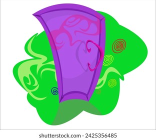 A fantasy violet door on a green vintage romantic background. This cartoon illustration can be used as a logotype for door makers, door shops and door stores. Vector, isolated.