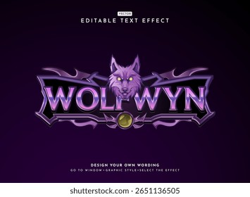 fantasia violeta wolfwyn logotipo com cabeça de lobo e quadro medieval antigo rpg jogo logotipo estilo efeito de texto