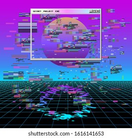 Fantasy virtual reality retrofuturistic cyberlandscape of arcade video game with neon 3d laser grid. Synthwave/ vaporwave/ retrowave style illustration, aesthetics of 80s-90s.