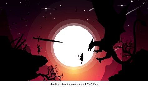 fantasy wallpaper. japanese theme wallpaper. floating witch with sword. fight with sword. fantasy wallpaper with mythological animal. witch vs dragon. 