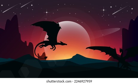 fantasy wallpaper with mythological animal. fantasy walpaper for desktop. flying dragon walpaper. desert illustration in night with cliff background. fantasy sunset walpaper.