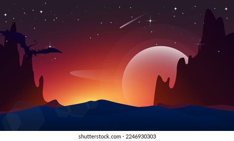fantasy walpaper for desktop. fantasy wallpaper with mythological animal. flying dragon walpaper. desert illustration in night with cliff background. mountain background. fantasy sunset walpaper.