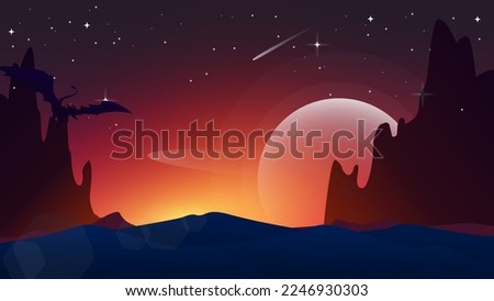 fantasy walpaper for desktop. fantasy wallpaper with mythological animal. flying dragon walpaper. desert illustration in night with cliff background. mountain background. fantasy sunset walpaper.