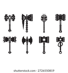 Fantasy War Hammer Silhouette Vector Set Bold Black On White Icons