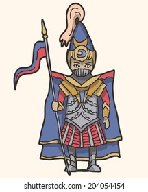 Fantasy warrior character with spear and flag vector drawing