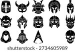 Fantasy warrior helmets and character heads icons vector set in black silhouette style, featuring crusader helm, viking horned helmet, samurai armor, Spartan helmet, orc head, elven mask, dwarf helmet, barbarian helm, wizard hood, gladiator helmet and skull, perfect for fantasy RPGs, esports logos, tattoo art and medieval illustrations.