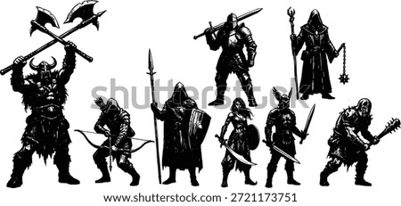 Fantasy warrior and mage silhouette vector set featuring diverse weapons, armor, poses, character design for RPG illustration