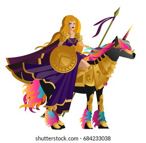 fantasy warrior princess riding a black unicorn