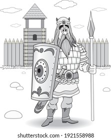 Fantasy warrior with a spear on the background of the fortress 