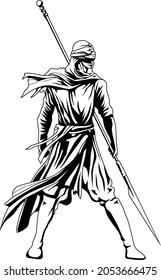 Fantasy warrior with spear Vector - Black and white line art warrior