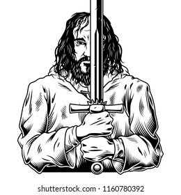 Fantasy warrior with sword after battle. Vector vintage illustration