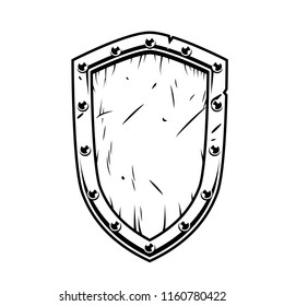 Fantasy warrior wooden shield isolated on white in monochrome. Vector vintage illustration.