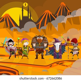 fantasy warriors party walking on a lava magma stage near an evil castle svg