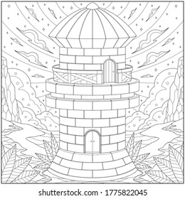 Fantasy watch tower, Adult and kid coloring page in stylish vector illustration for education and learning