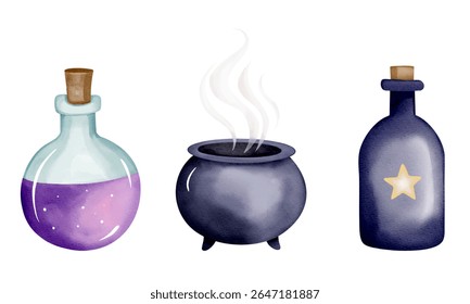 Coleção de aquarelas de fantasia com bolhas de caldeirão e garrafas de poção em tons roxos