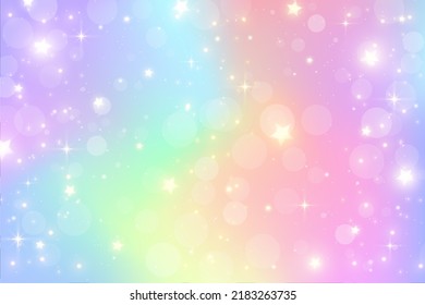 Fantasy watercolor illustration with rainbow pastel sky with stars. Abstract unicorn cosmic backdrop. Cartoon girlie vector illustration.