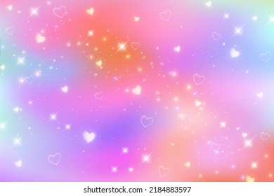 Fantasy watercolor illustration with rainbow pastel sky with stars. Abstract unicorn cosmic backdrop. Cartoon girlie vector illustration.