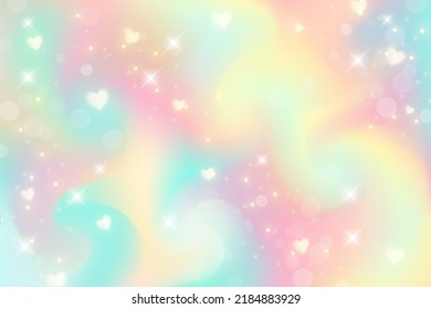 Fantasy watercolor illustration with rainbow pastel sky with stars. Abstract unicorn cosmic backdrop. Cartoon girlie vector illustration.