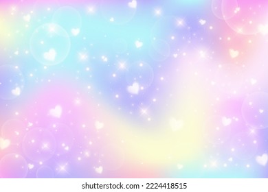 Fantasy illustration à l'aquarelle avec ciel arc-en-ciel pastel avec étoiles et coeurs. Arrière-plan cosmique abstrait unicorne. Illustration vectorielle de la fille de dessin animé