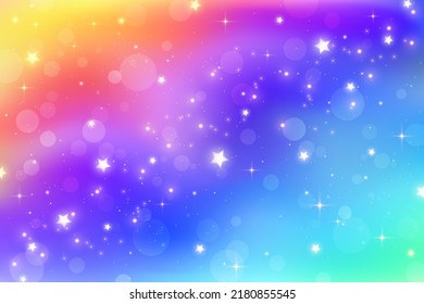 Fantasy watercolor illustration with rainbow sky with stars. Abstract unicorn cosmic backdrop. Cartoon girlie vector illustration.