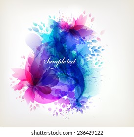 Fantasy Watercolor vector background with colorful flower and blots. Abstract floral elements . 