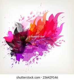 Fantasy Watercolor vector background with colorful flower and blots. Abstract floral elements . 