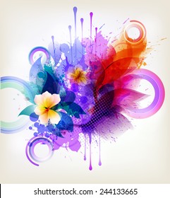 Fantasy Watercolor vector background with colorful flower and blots. Abstract floral elements .