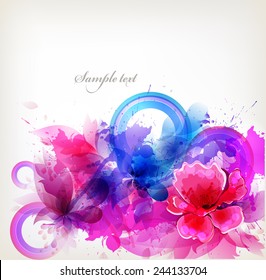 Fantasy Watercolor vector background with colorful flower and blots. Abstract floral elements .