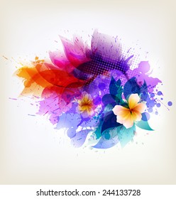 Fantasy Watercolor vector background with colorful flower and blots. Abstract floral elements .