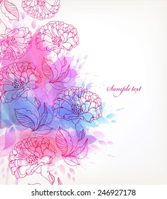 Fantasy Watercolor vector background with colorful flower and blots. Abstract floral elements 