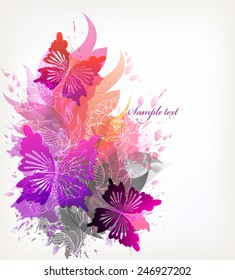 Fantasy Watercolor vector background with colorful flower and butterflies. 