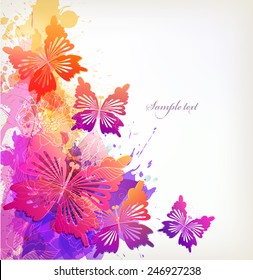 Fantasy Watercolor vector background with colorful flower and butterflies. 