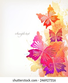 Fantasy Watercolor vector background with colorful flower and butterflies. 