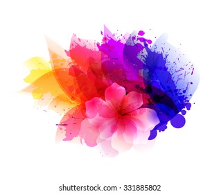 Fantasy Watercolor vector background with colorful flower and blots. Abstract floral elements .